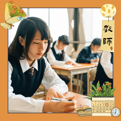 手绘台历花束纯色边框教师节plog