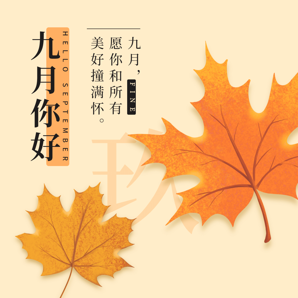 通用9月你好祝福手绘文艺枫叶方形海报预览效果