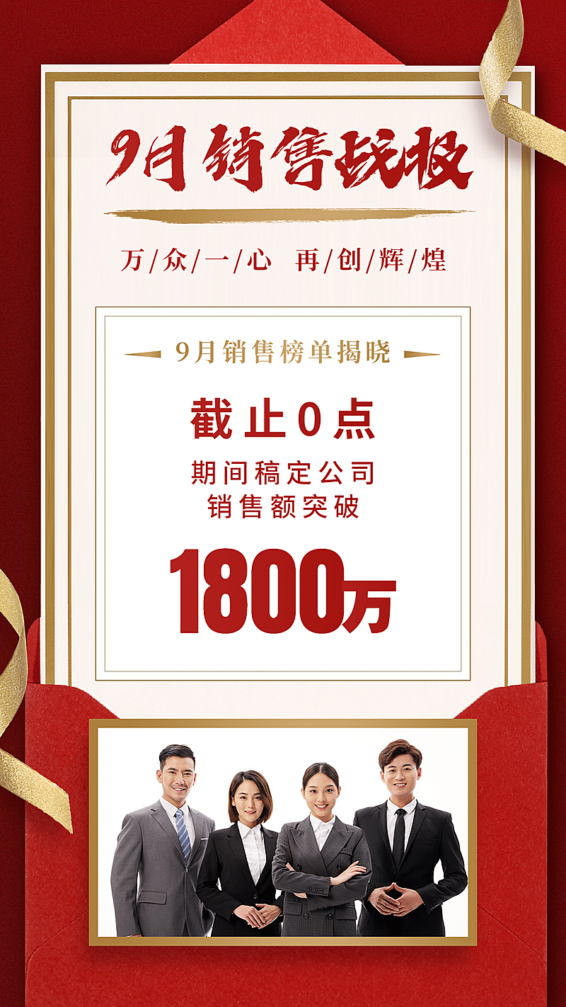 销售9月业绩表彰喜报喜庆手机海报