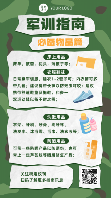 军训攻略指南必备物品卡通竖版海报预览效果