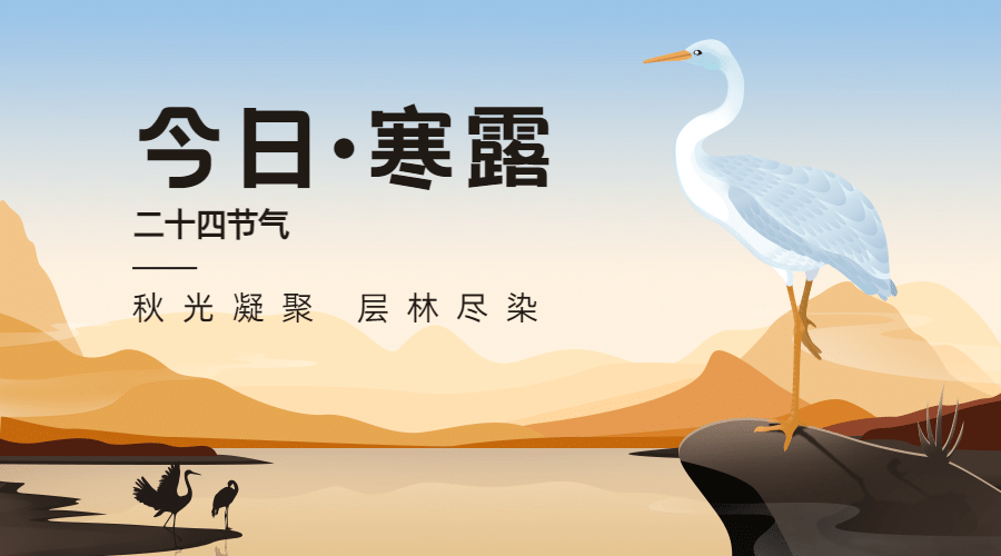 寒露节气祝福白鹭手绘横版海报预览效果