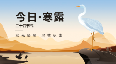 寒露节气祝福白鹭手绘横版海报
