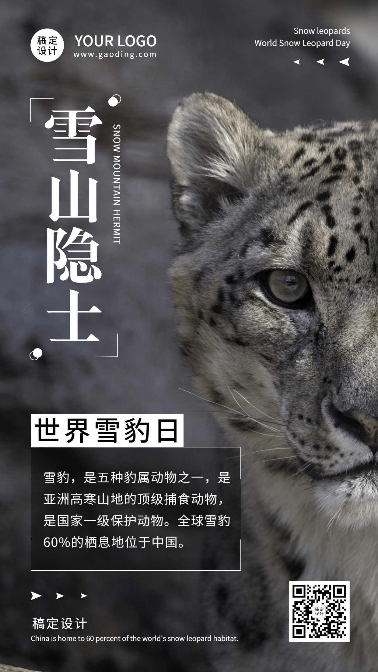 世界雪豹日保护珍稀动物公益宣传实景海报预览效果