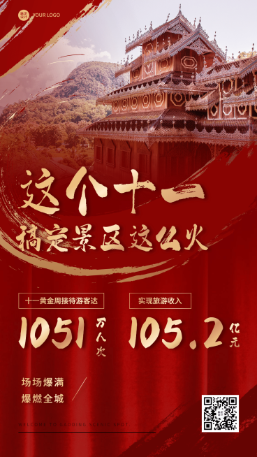 旅游国庆十一景区红金喜报手机海报预览效果