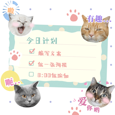手绘微商朋友圈今日计划方形海报猫