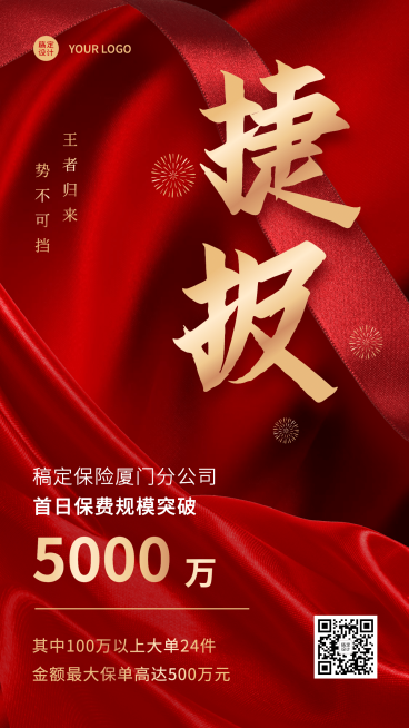 金融保险表彰颁奖喜报红金海报预览效果