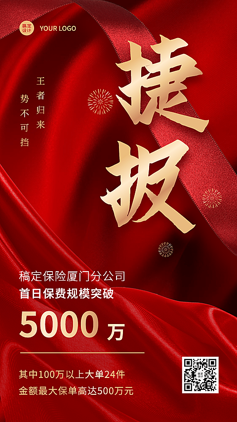 金融保险表彰颁奖喜报红金海报