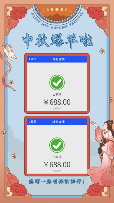 国风手绘中秋嫦娥玉兔晒单海报