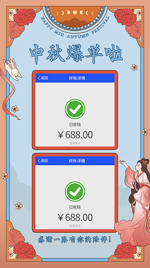 国风手绘中秋嫦娥玉兔晒单海报