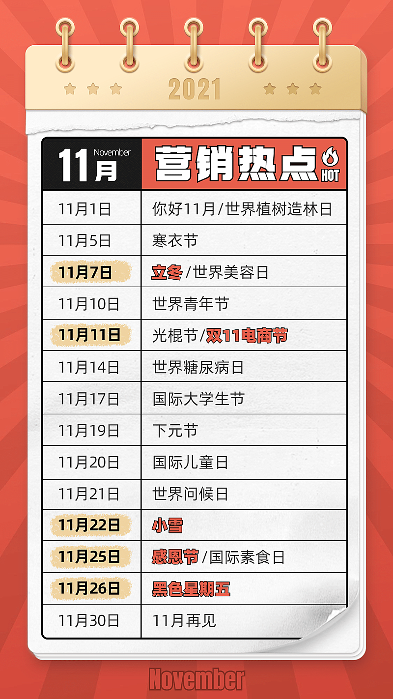 11月营销关键节点月历