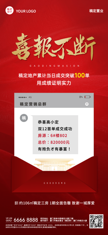 房地产双12卖房开单庆祝喜庆海报预览效果