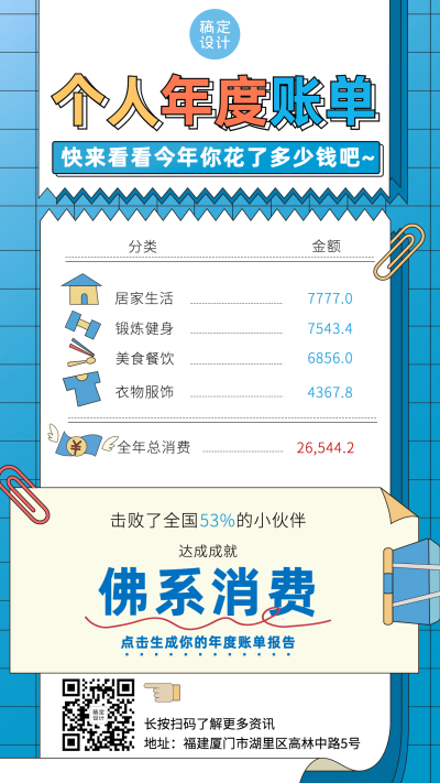 年终总结年度账单佛系消费手机海报