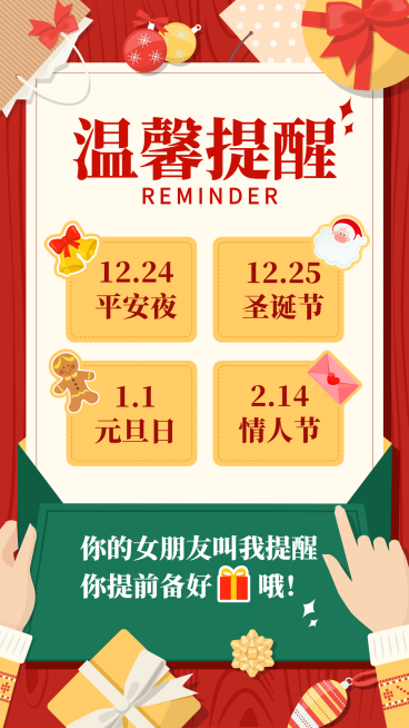 圣诞元旦情人节送礼提醒营销海报预览效果