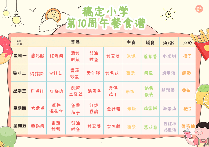 小学食堂每周菜谱食谱菜单预览效果