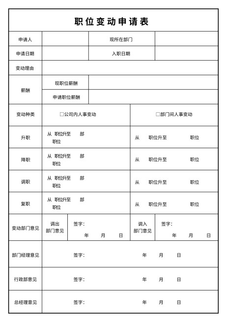 职位变动申请表预览效果
