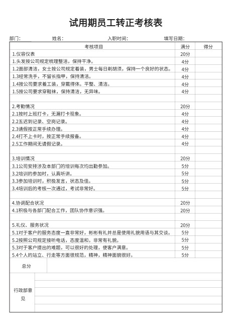 试用期员工转正考核表预览效果