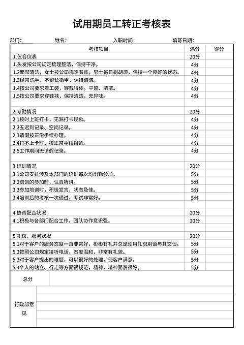试用期员工转正考核表