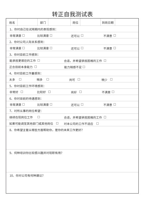 转正自我测试表预览效果