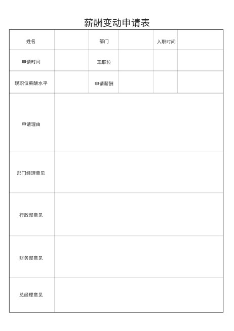薪酬变动申请表预览效果