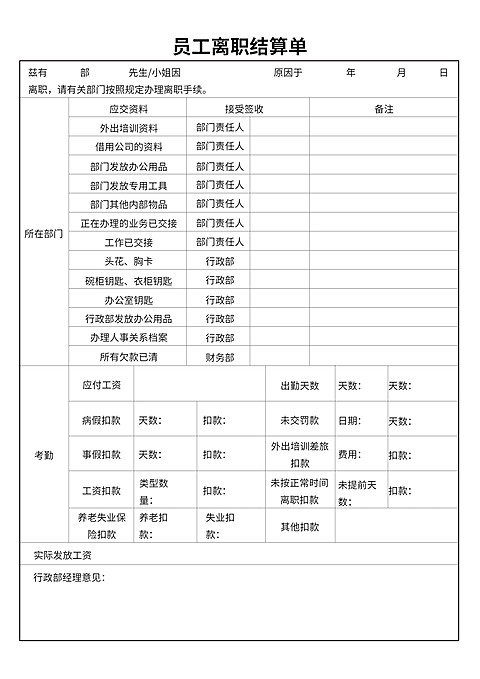 员工离职结算单