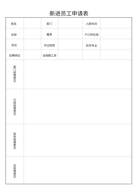 新进员工申请表预览效果