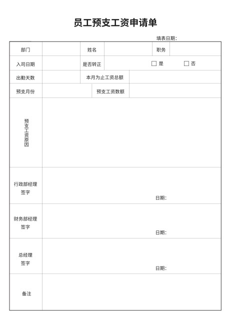 员工预支工资申请单预览效果