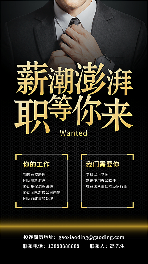 金融保险薪潮澎湃招聘增员商务风手机海报