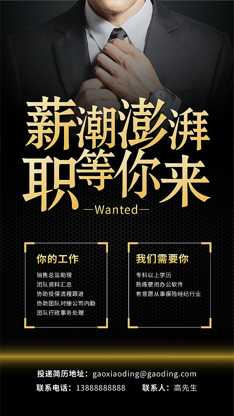 金融保险薪潮澎湃招聘增员商务风手机海报