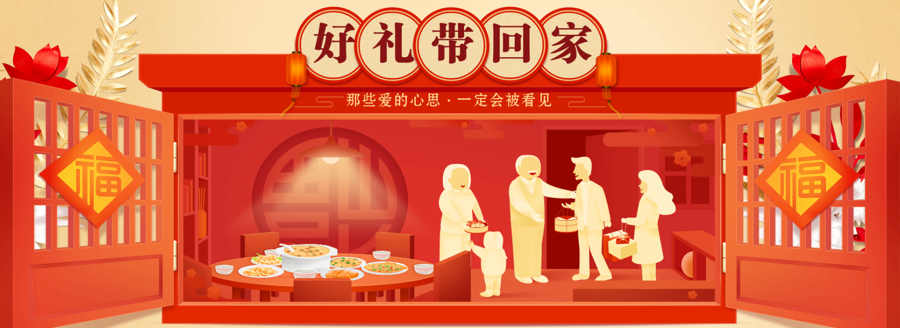 春节/年货节/优惠券/团圆/橙色/喜庆/电商海报banner预览效果