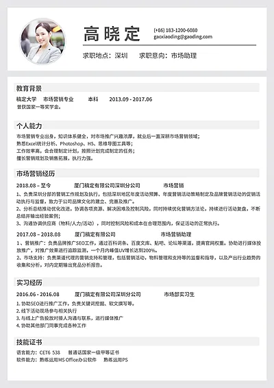 简约市场营销简历（跳槽必备）