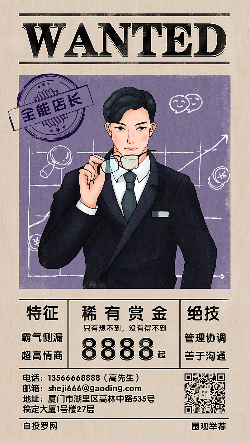 招聘餐饮美食手绘通缉令手机海报